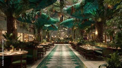 Lush greenery envelops dining area, creating enchanting, immersi