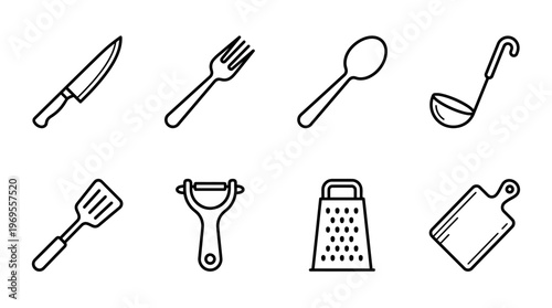 Kitchen utensil icons showing knife, fork, spoon, ladle, spatula, peeler, grater, and cutting board.