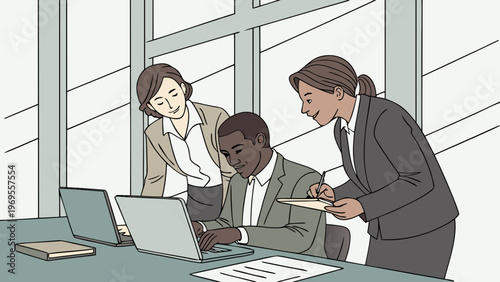 Diverse Business Professionals Collaborating in Modern Office, Team Discussing Project Details and Working on Laptops