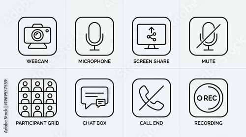 Video conferencing icons showing webcam, microphone, screen share, mute, chat, participants, call, record.
