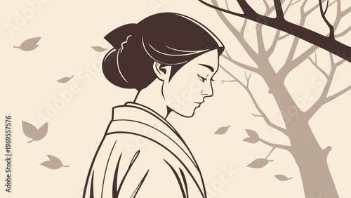 Elegant Japanese Woman in Traditional Kimono Profile with Serene Expression Amidst Stylized Autumn Leaves