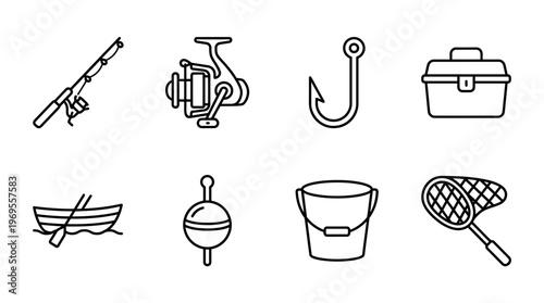 Fishing gear icons showing rod, hook, net, bait box, boat, bucket, bobber, and reel.