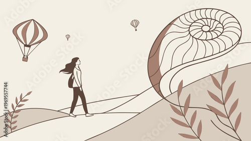 Woman with backpack exploring serene hills under hot air balloons, a large nautilus shell design integrated into the landscape. Minimalist line art...