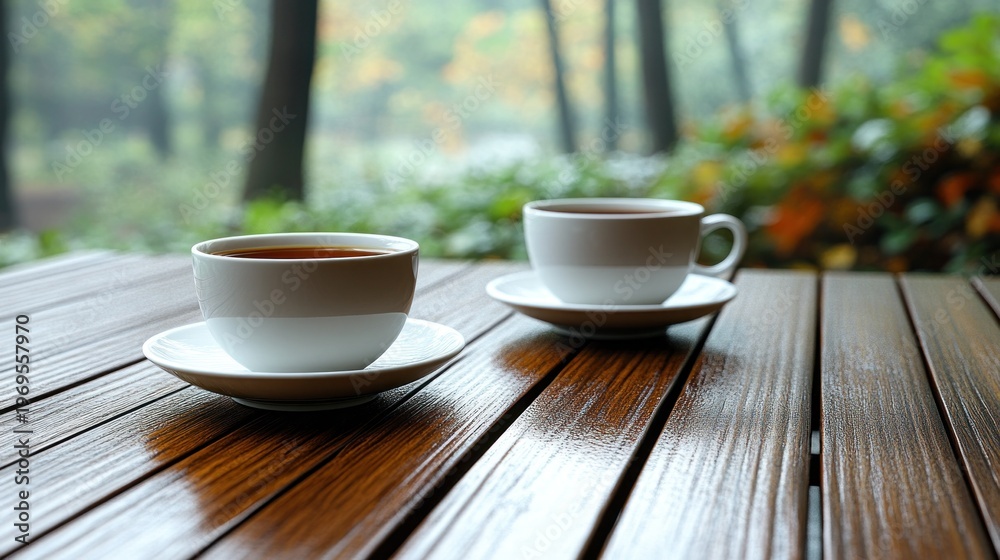 Fototapeta premium Two white teacups on a wooden table, autumnal background