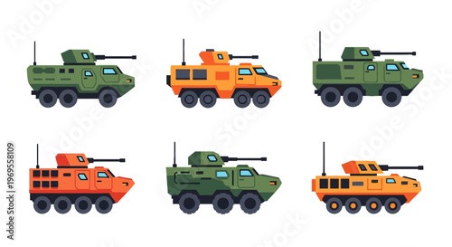 Military Armored Vehicle Vector Illustration Set, APC Infantry Fighting Vehicles, and Army Transport in Flat Design Style Isolated on White Background