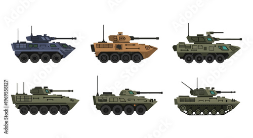 Set of Military Armored Vehicles and Tanks Vector Illustration, Flat Style Army Combat Transport Icons Isolated on White Background.