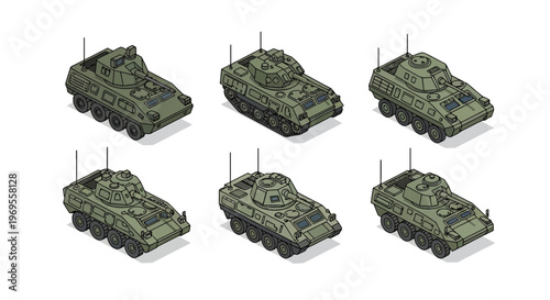 Isometric Military Vehicle Illustration Set, Collection of Armored Tanks and APCs Isolated on White for Game Assets and Infographics.