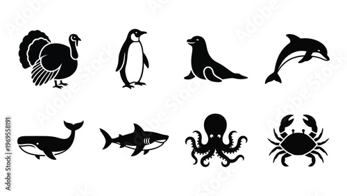A collection of black silhouettes depicting various marine and avian animals including a turkey penguin and dolphin silhouette high quality professional