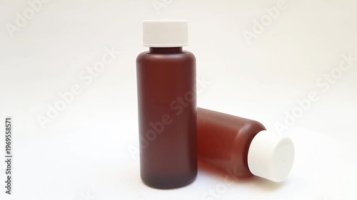 Amber plastic bottles with cap rotating on white background, brown plastic bottles for pharmaceuticals, syrups, essential oils, and cosmetics