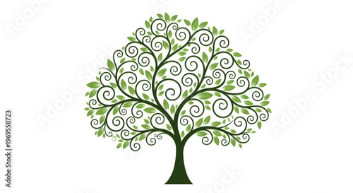 Decorative vector tree with green leaves and curly branches on white background