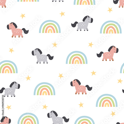 Seamless pattern of cute hand-drawn ponies, colorful rainbows, and stars. Whimsical nursery vector illustration in pastel colors for kids' wallpaper, baby fabric, and nursery decor