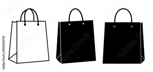 Shopping bag set with solid black icon on white background featuring paper bag, shopping bag, icon with black and white