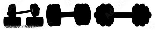 Gym dumbbell icon set with solid black silhouette on white background featuring fitness, weightlifting, exercise with muscle training and bodybuilding
