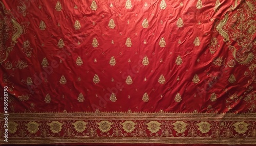 Rich red silk textile with elaborate gold zari floral embroidery. Features intricate repeating paisley motifs scattered across fabric, detailed patterned border along bottom edge. Luxurious