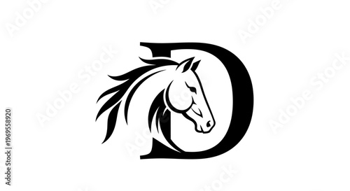 Elegant black and white horse head design integrated with capital letter d