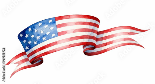 American flag ribbon, patriotic banner, USA flag wave, red white blue vector icon