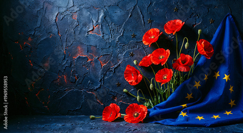 Red Poppies and the European Union Flag. VE Day