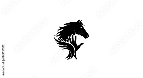 Elegant black silhouette of a horse head and winged hand design