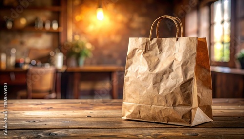 Brown paper bag sits on rustic wooden table eco friendly brown paper bag rests on natural wood surface