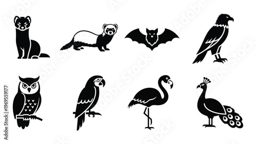 A collection of various animal figures including a ferret bat owl and flamingo depicted in black silhouette high quality professional detailed
