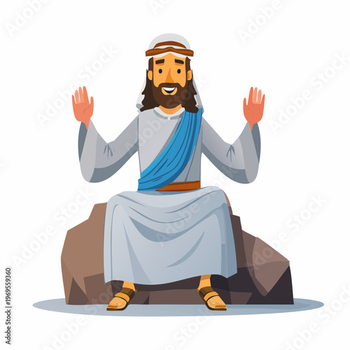 Illustration of a smiling man with a beard, wearing a white headscarf and a blue sash, sitting on a rock with his hands raised in a welcoming gesture, depicting a biblical or religious figure