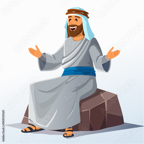 Man in traditional clothing sitting on a rock and gesturing with open arms in a friendly manner