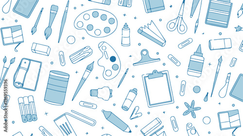 stationery outline pattern of art supplies seamless vector icons