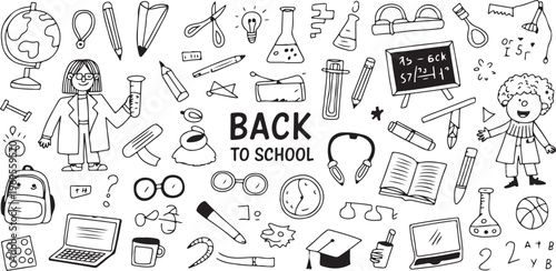 school doodle back to school education icons pencils globe labcoat