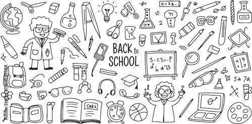 school hand drawn education vector supplies backpack book laptop clock