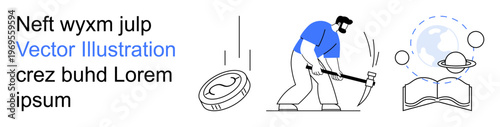 Cryptocurrency, education, technology, blockchain, scientific discovery, digital trends. A person mining with a pickaxe, a coin open book with planet and globe. Cryptocurrency and education concepts