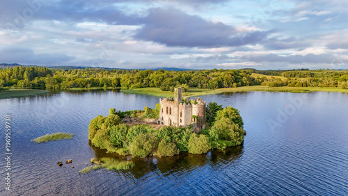 Quadro em tela Aerial drone view of McDermotts Castle on small island in Lough Key lake, county