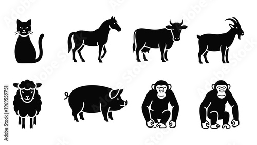 A collection of black animal silhouettes depicting a cat horse cow goat sheep pig and two monkeys silhouette high quality professional