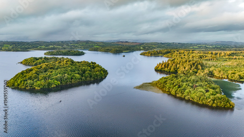 Tableau sur toile Aerial drone view of beautiful lake summer landscape with many green islands, Lo