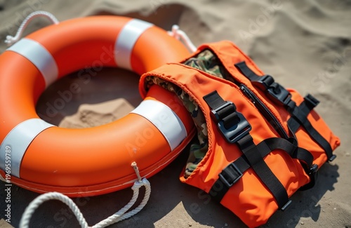 Orange life preserver ring and life jacket lie on sandy beach shore. Water safety gear for boating and swimming. Orange vest and rescue float.