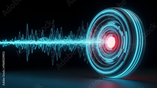 Digital Audio Waveform Hitting a Glowing Cybernetic Target 3D Render Representing Data Precision and Signal Processing Technology