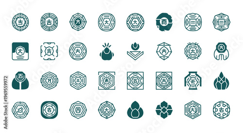 Ancient Chinese Symbols Icons Set Vector Illustration Design Elements Traditional Culture Graphics Pattern Background Stock Image
