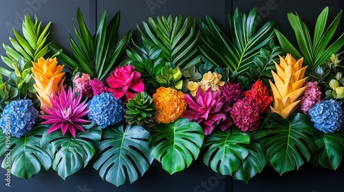 Vibrant tropical flowers and leaves arranged on dark backdrop