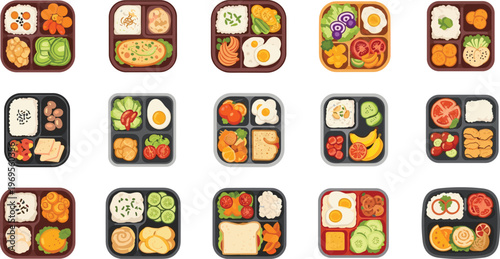 Flat vector collection of gourmet bento box meals featuring diverse lunch combinations with rice, eggs, sandwiches, fresh vegetables, and fruits on white background.