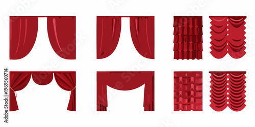 Collection of red stage curtains in various draped styles