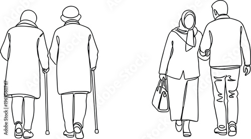 Line Art Illustration of Elderly Couple Walking with Cane and Young Couple Holding Hands for Love and Relationship Concepts