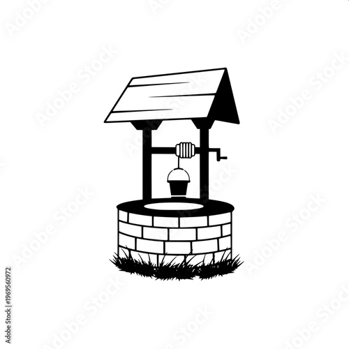 Black and white line art illustration of a traditional stone water well with wooden roof and hanging bucket, simple outline drawing, coloring book style, white background.