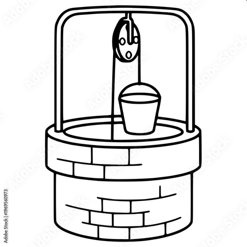 Black and white line art illustration of a traditional stone water well with wooden roof and hanging bucket, simple outline drawing, coloring book style, white background.