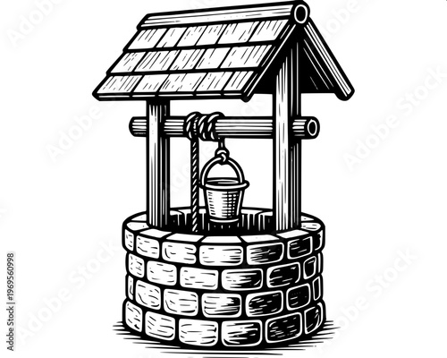Black and white line art illustration of a traditional stone water well with wooden roof and hanging bucket, simple outline drawing, coloring book style, white background.