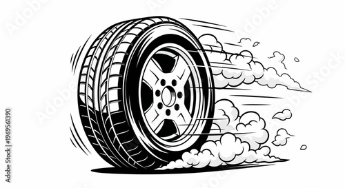 Tire, racing tire, speeding wheel, black and white vector, automotive illustration isolated on White Background