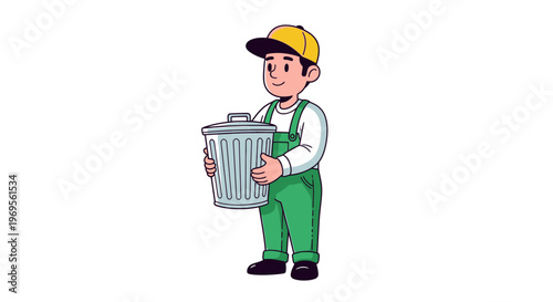 Cartoon janitor, sanitation worker, cleaning service, waste management isolated on White Background