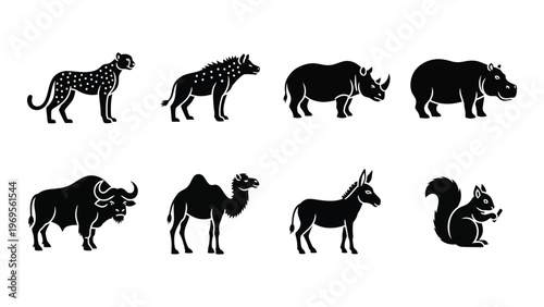 A collection of african wildlife animal silhouettes including a cheetah bison rhino and camel silhouette high quality professional detailed modern elegant