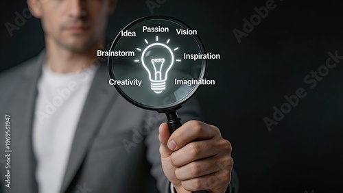 Businessman holding magnifying glass over light bulb icon with words idea passion vision inspiration creativity imagination brainstorm for innovation concept