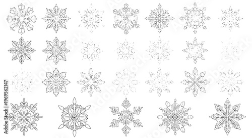 Snowflakes hand drawn set with black outlined and dotted designs, winter decorative elements featuring snowflake, frosty, icy with cold and weather
