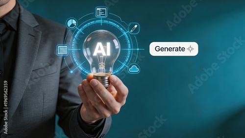 Businessman holding lightbulb with AI text digital interface icons generate button innovation concept futuristic technology artificial intelligence creative idea corporate