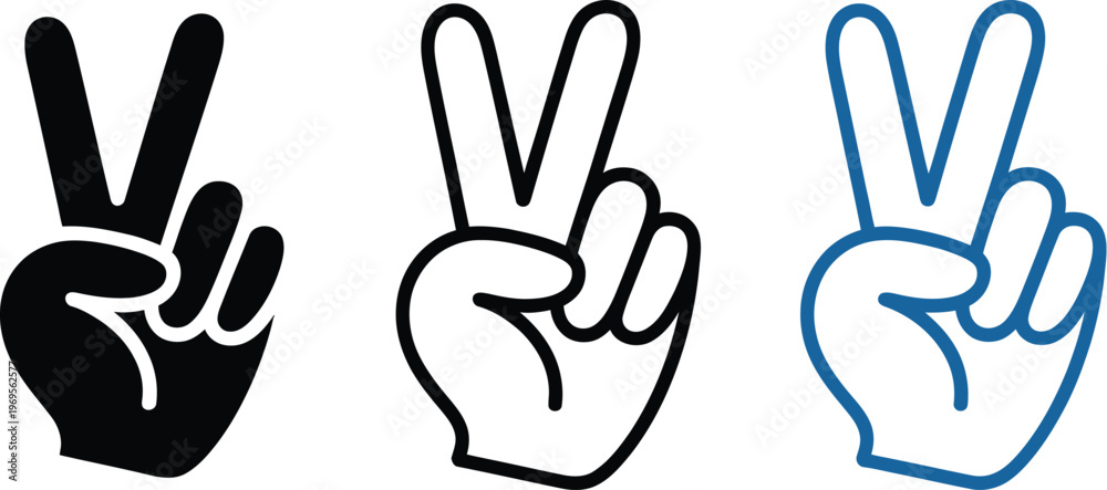Fototapeta premium Peace sign hand icon set, black and blue vector graphics of V gesture symbolizing freedom success victory and positive expression in diverse styles.